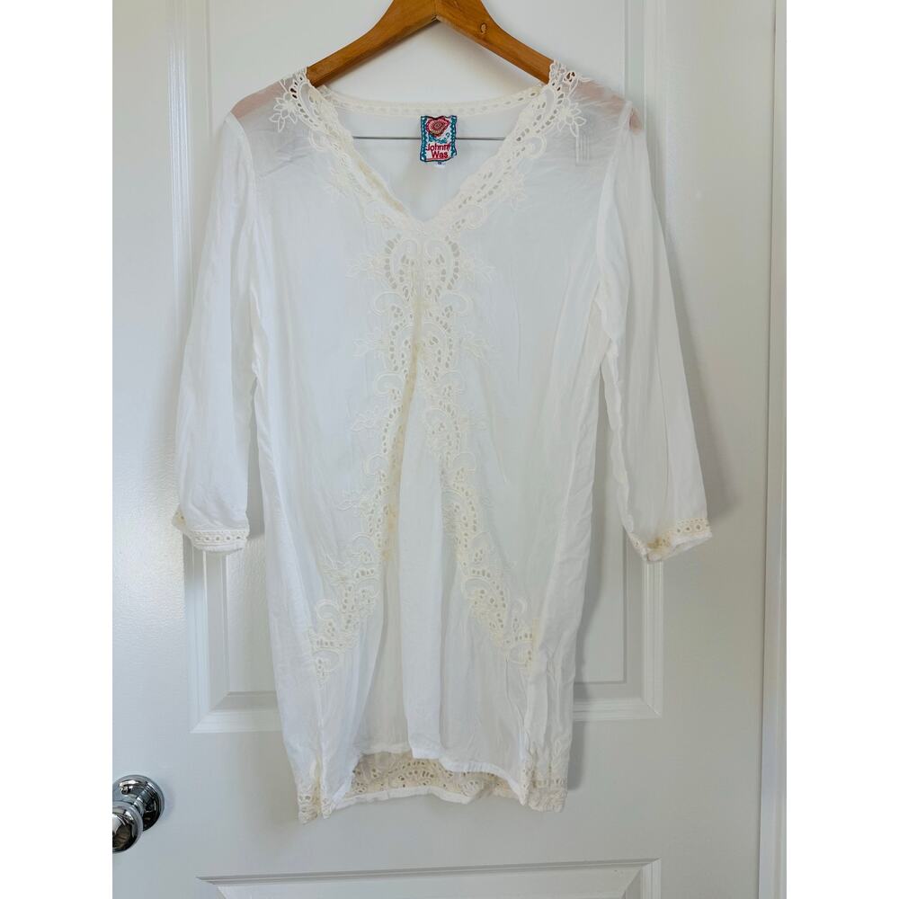 Johnny Was Embroidered Short Sleeve Eyelet Blouse White‎ S